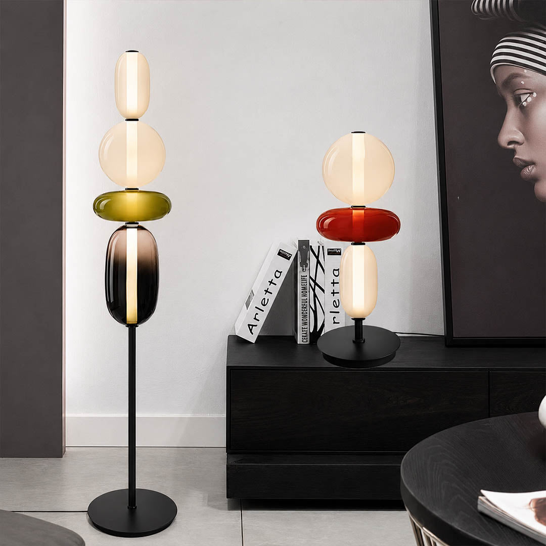 Gemma stacked glass floor lamp Model B black modern home office corner hand-blown art glass sculptural statement American home lifestyle interior