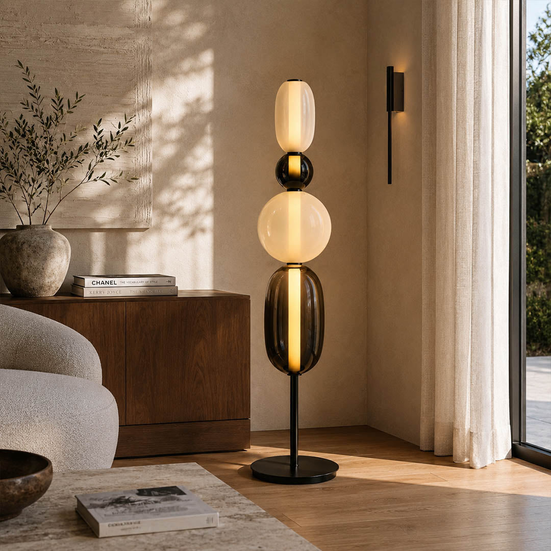 Gemma stacked glass floor lamp Model B black modern minimalist living room corner hand-blown art glass sculptural statement American home lifestyle interior