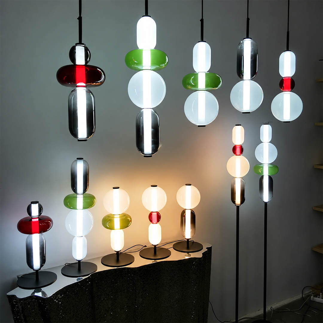 Gemma stacked glass floor lamp four colors red green black orange two models A B hand-blown art glass comparison reference chart