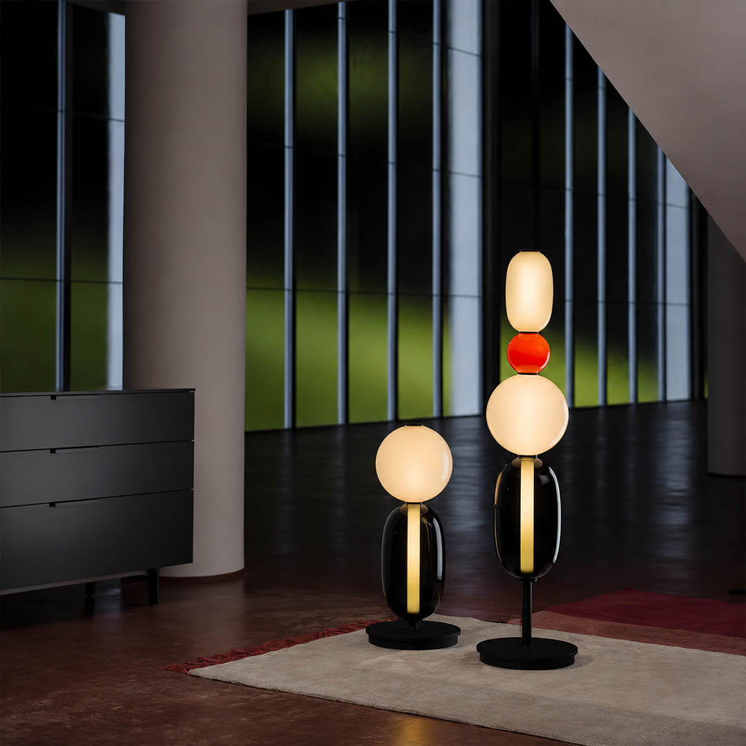 Gemma stacked glass floor lamp Model B black modern minimalist living room corner hand-blown art glass sculptural statement American home lifestyle interior