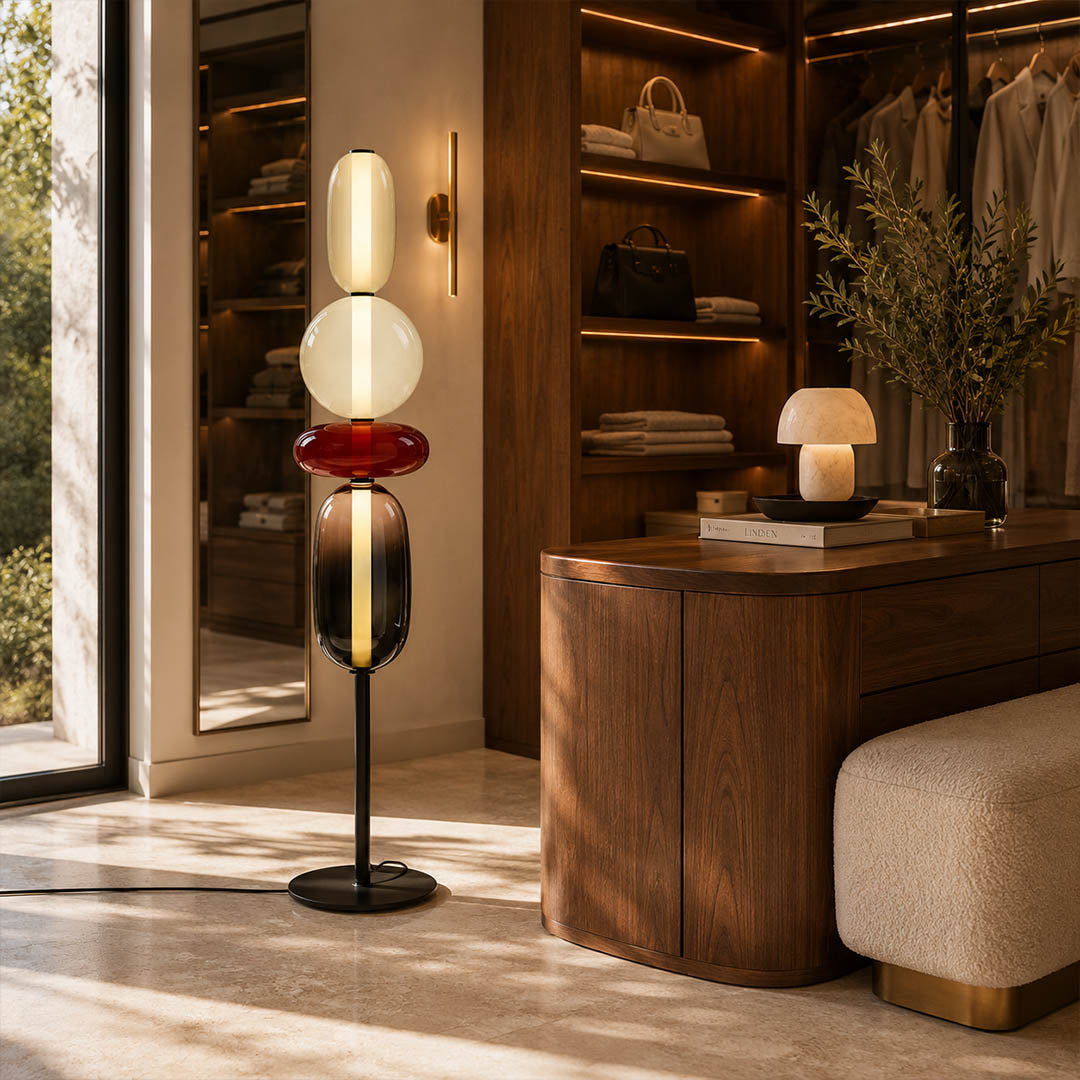 Gemma stacked glass floor lamp Model A red boutique hotel lobby lounge corner hand-blown art glass sculptural statement upscale hospitality American commercial interior