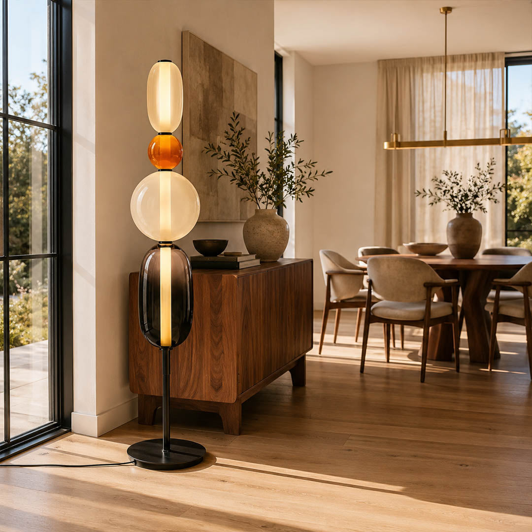 Gemma stacked glass floor lamp Model B black modern minimalist living room corner hand-blown art glass sculptural statement American home lifestyle interior