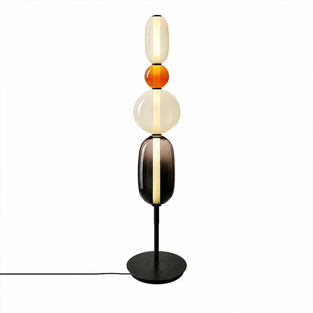 Gemma stacked glass floor lamp Model B black hand-blown art glass stacked orbs integrated LED 63 inch tall modern statement white background front view