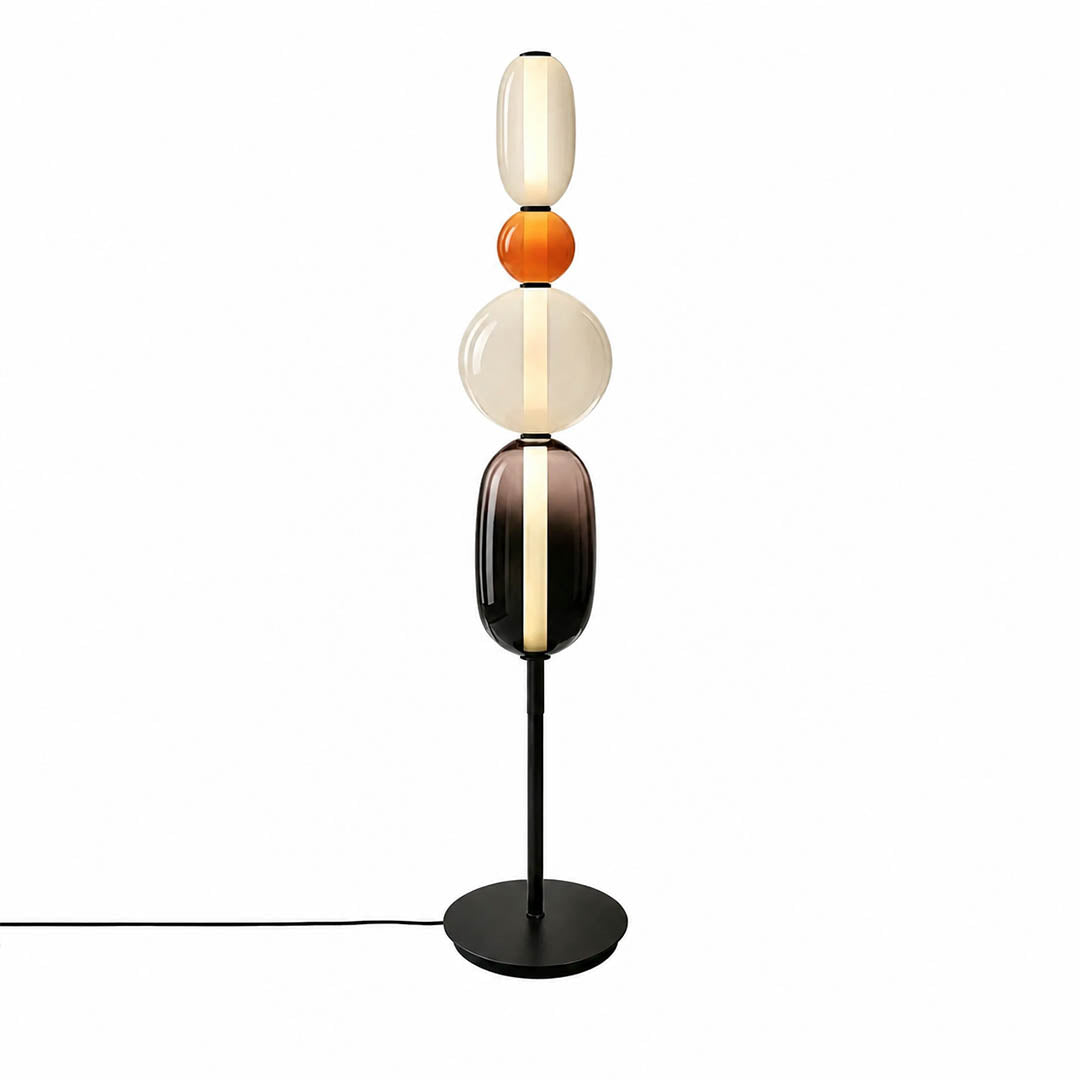 Gemma stacked glass floor lamp Model B orange hand-blown art glass stacked orbs integrated LED 51 inch modern statement white background front view