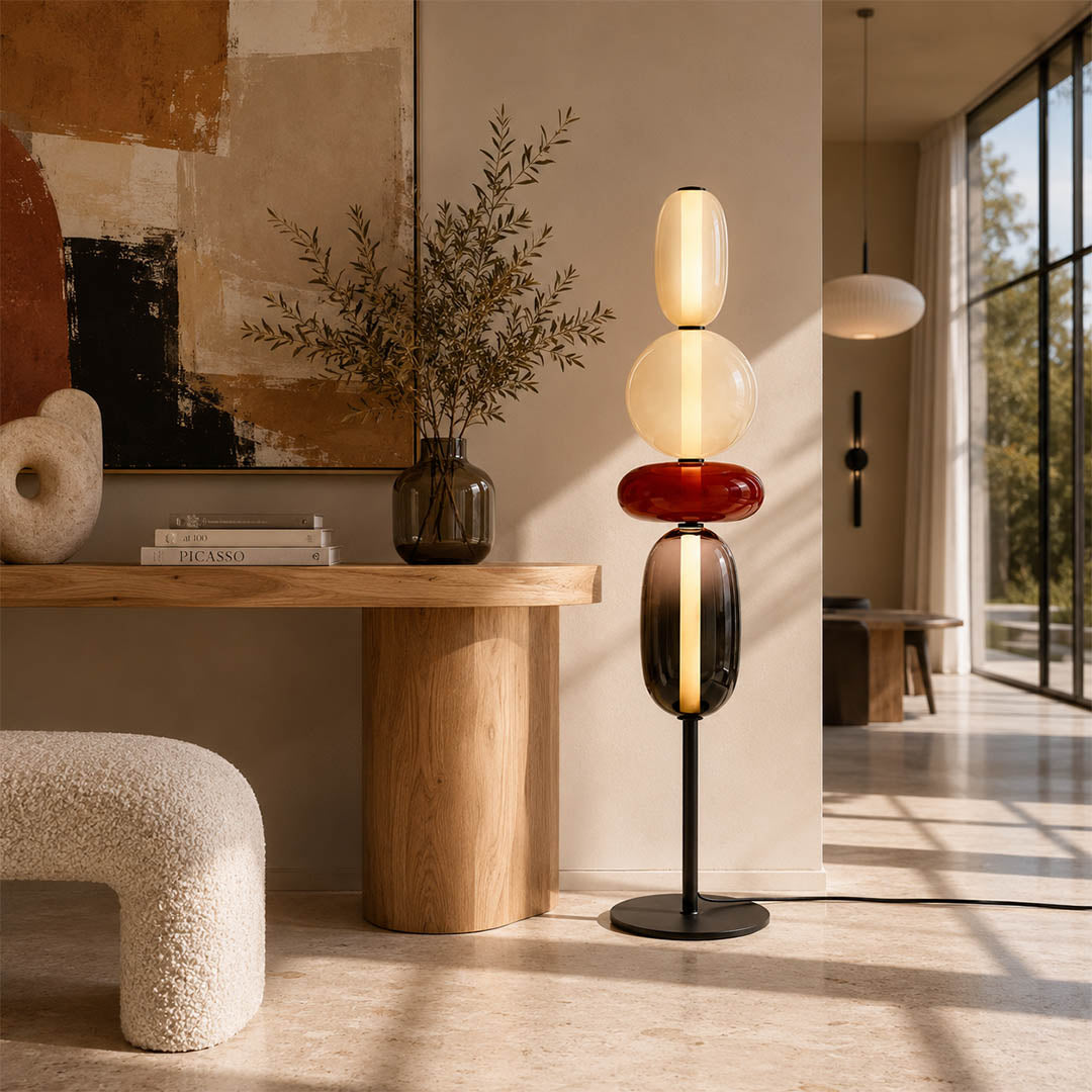 Gemma stacked glass floor lamp Model B black modern minimalist living room corner hand-blown art glass sculptural statement American home lifestyle interior