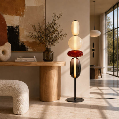 Gemma stacked glass floor lamp Model B black modern minimalist living room corner hand-blown art glass sculptural statement American home lifestyle interior