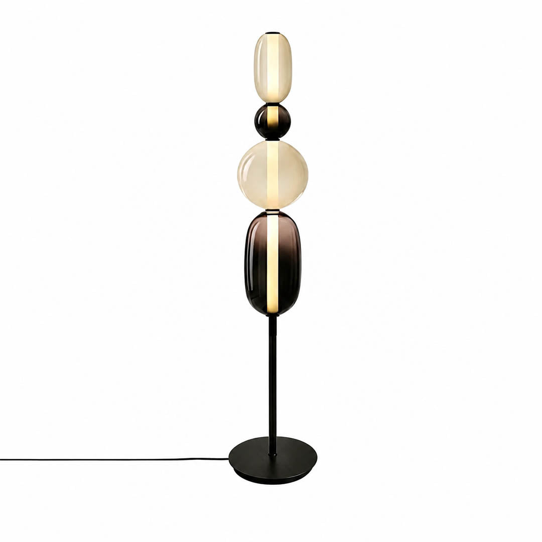 Gemma stacked glass floor lamp Model B Black hand-blown art glass stacked orbs integrated LED 51 inch modern statement white background front view