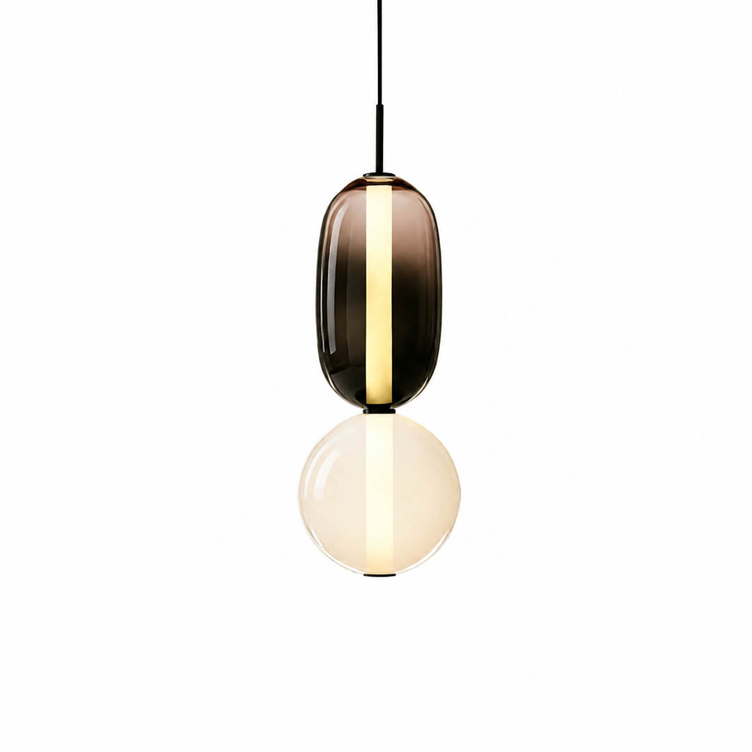 Gemma stacked glass pendant light Model A smoked clear hand-blown art glass integrated vertical LED 19 inch modern hanging white background front view