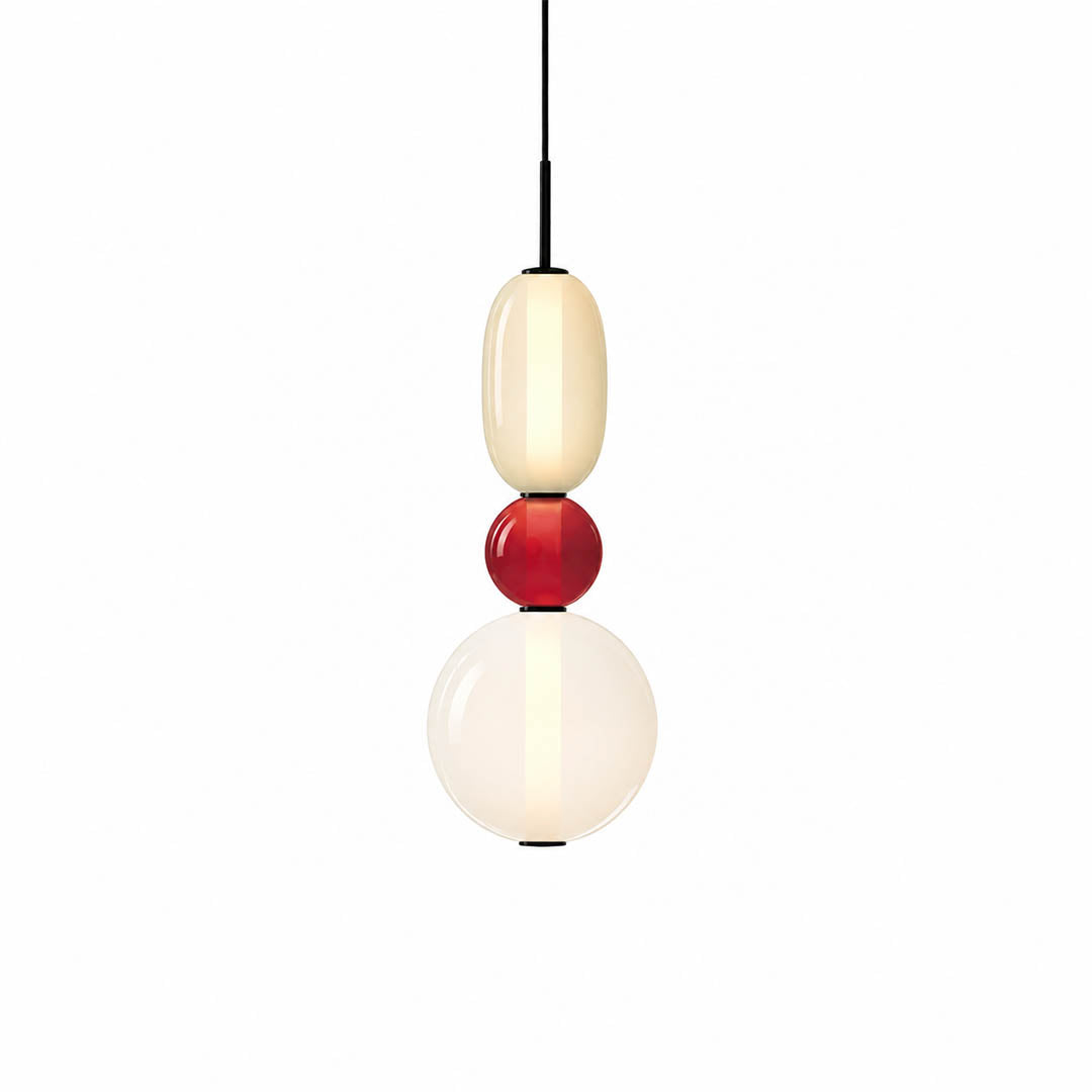 Gemma stacked glass pendant light Model B cream red clear hand-blown art glass integrated LED 21 inch hanging modern white background front view
