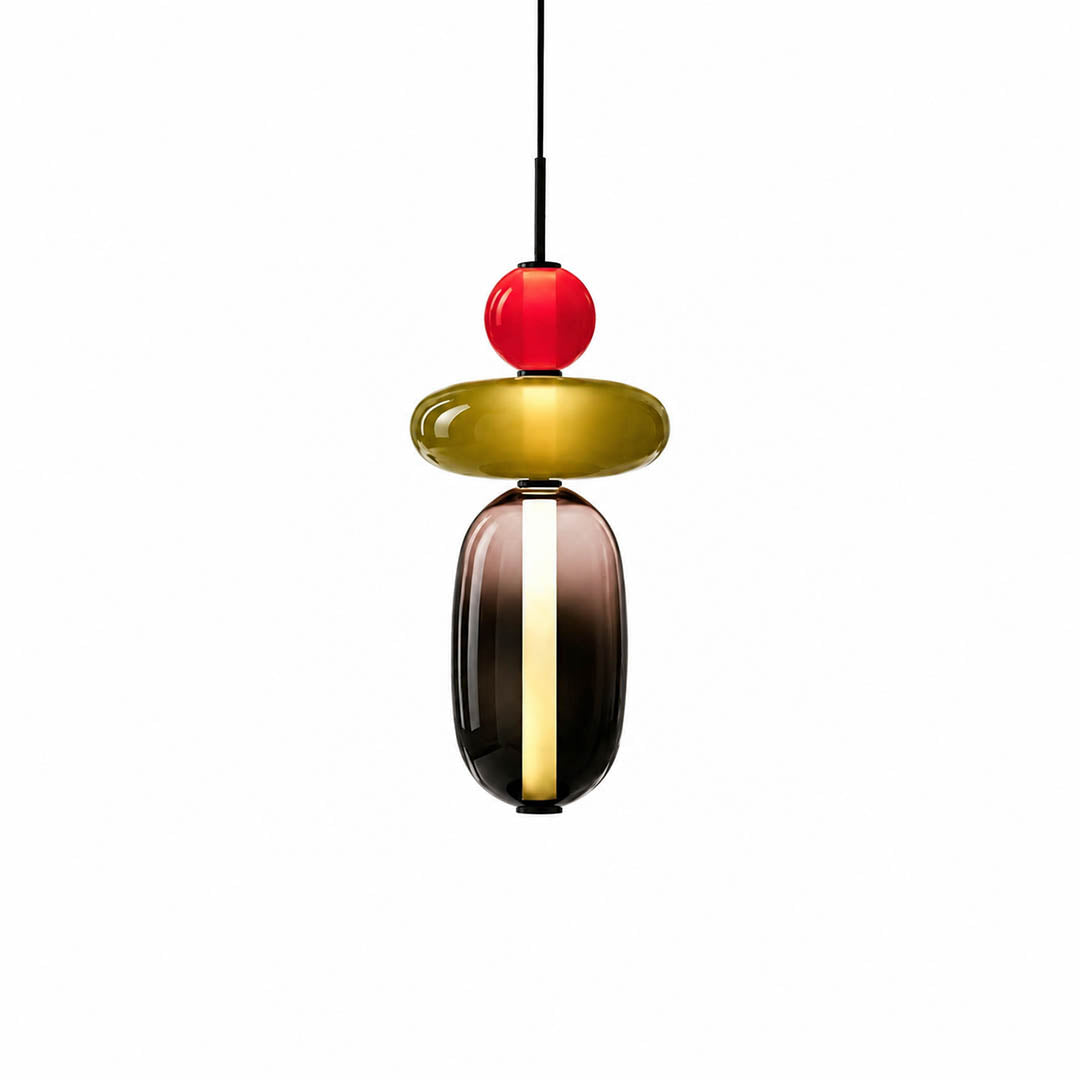 Gemma stacked glass pendant light Model B cream green clear hand-blown art glass integrated LED 21 inch hanging modern white background front view
