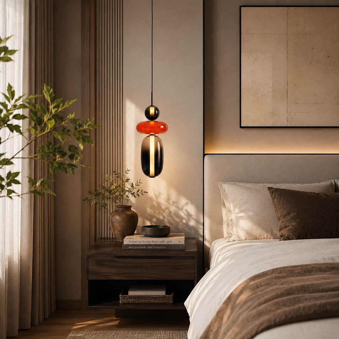 Gemma stacked glass pendant light green smoked single bedside nightstand bedroom hanging hand-blown art glass warm glow American home lifestyle interior