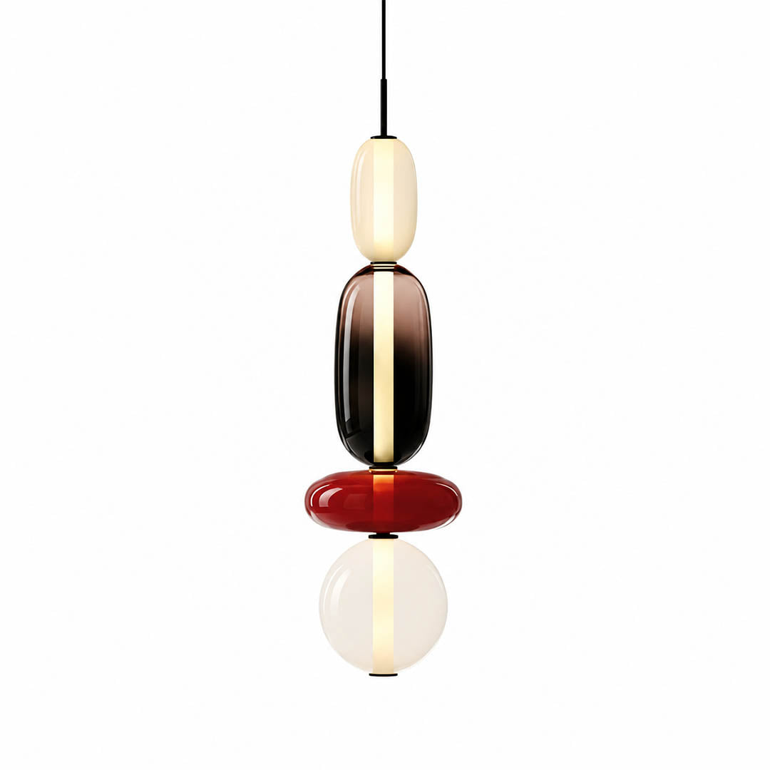 Gemma stacked glass pendant light Model D cream green clear round lower shade hand-blown art glass integrated LED hanging white background front view