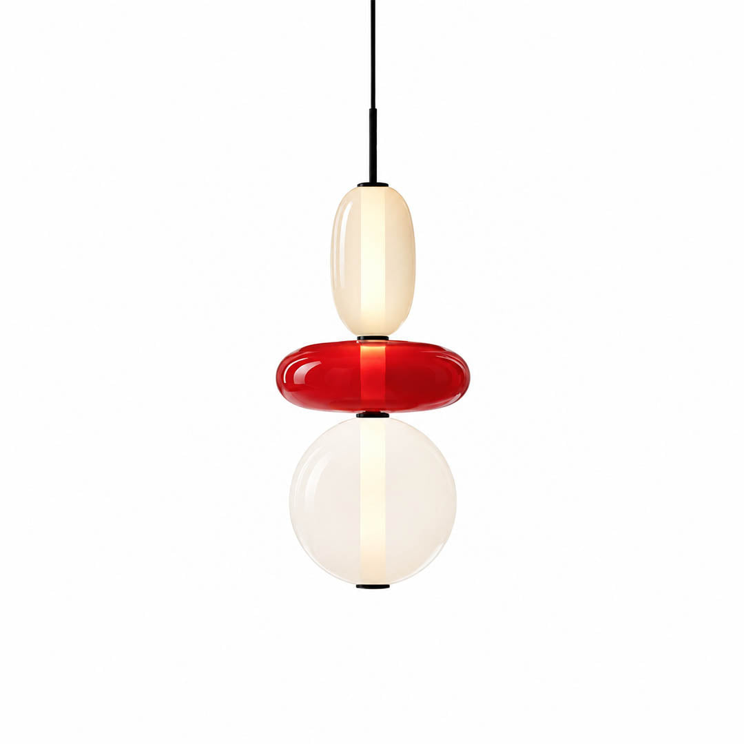 Gemma stacked glass pendant light Model B cream red clear hand-blown art glass integrated LED 21 inch hanging modern white background front view