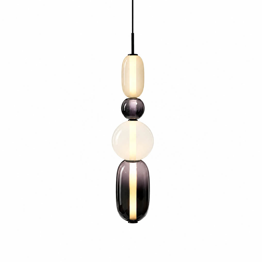 Gemma stacked glass pendant light Model F red black smoked elongated tall 29 inch hand-blown art glass integrated LED hanging white background front view