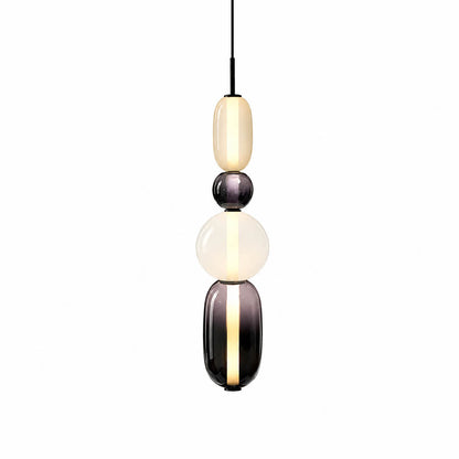 Gemma stacked glass pendant light Model F red black smoked elongated tall 29 inch hand-blown art glass integrated LED hanging white background front view