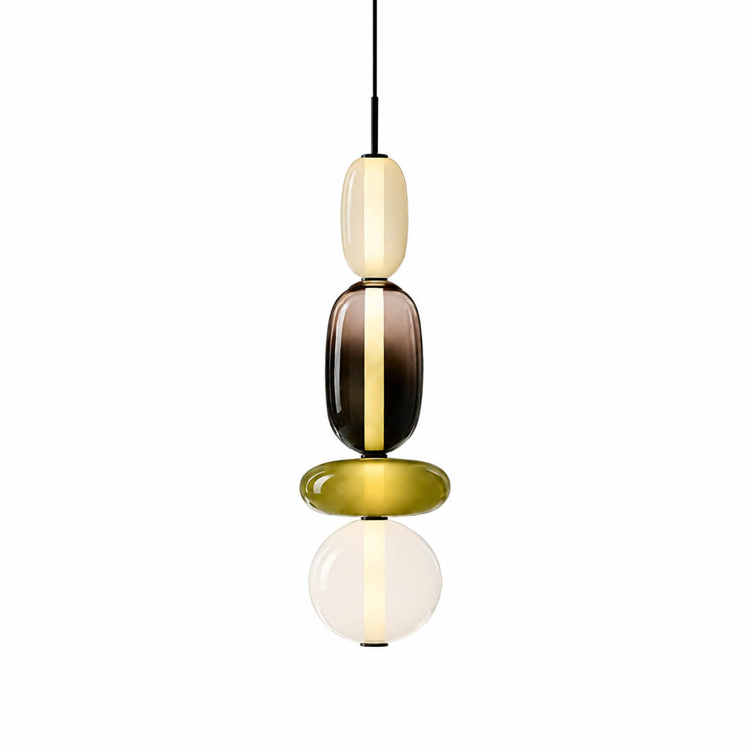 Gemma stacked glass pendant light Model D cream green clear round lower shade hand-blown art glass integrated LED hanging white background front view