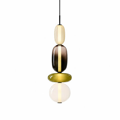 Gemma stacked glass pendant light Model D cream green clear round lower shade hand-blown art glass integrated LED hanging white background front view