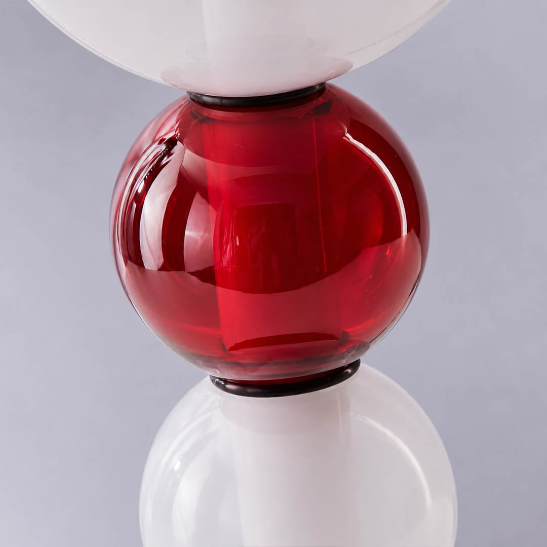 Gemma stacked glass pendant light hand-blown art glass candied red green smoked translucent texture craftsmanship detail close up unique