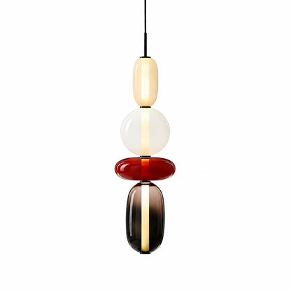 Gemma stacked glass pendant light Model F red black smoked elongated tall 29 inch hand-blown art glass integrated LED hanging white background front view