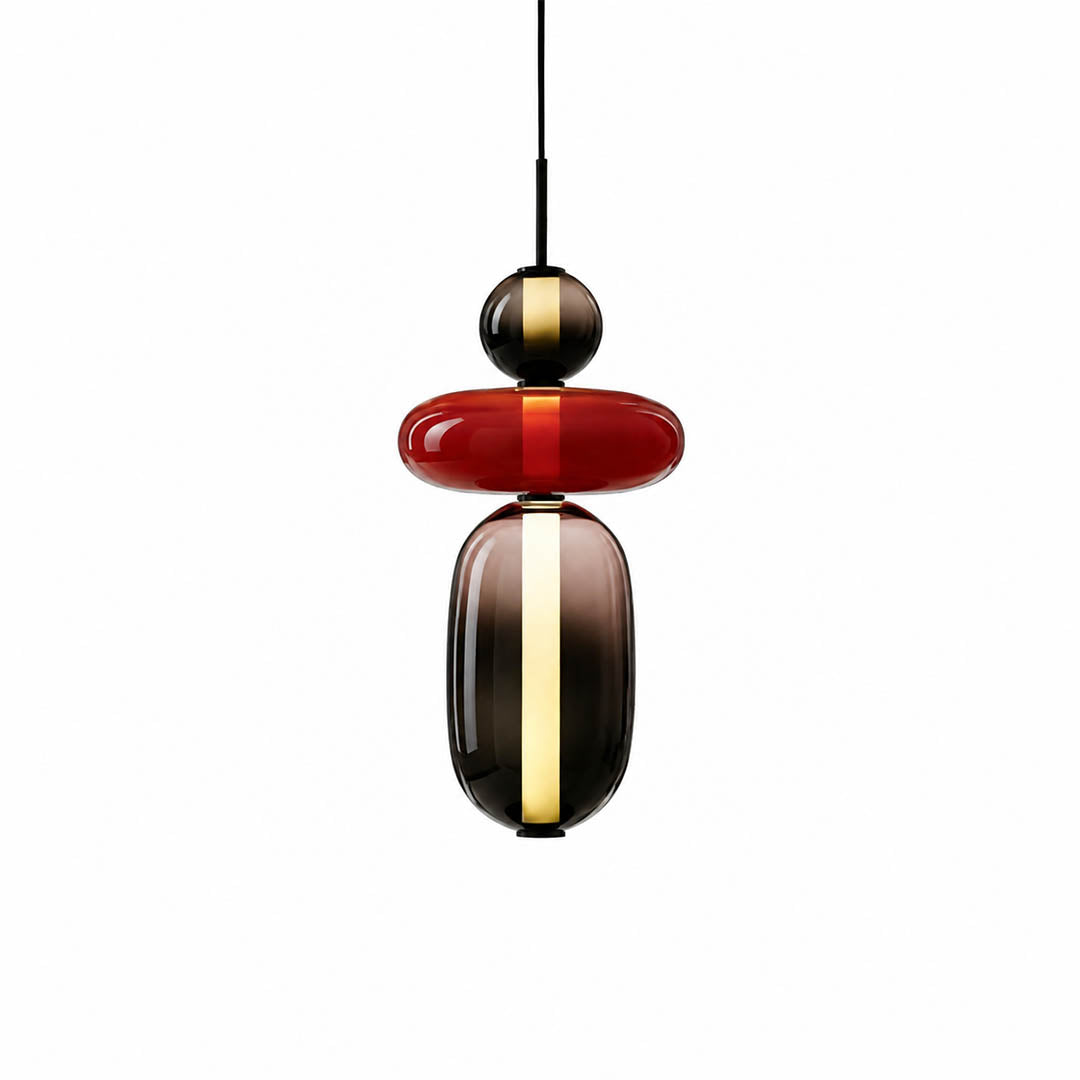 Gemma stacked glass pendant light Model A smoked clear hand-blown art glass integrated vertical LED 19 inch modern hanging white background front view