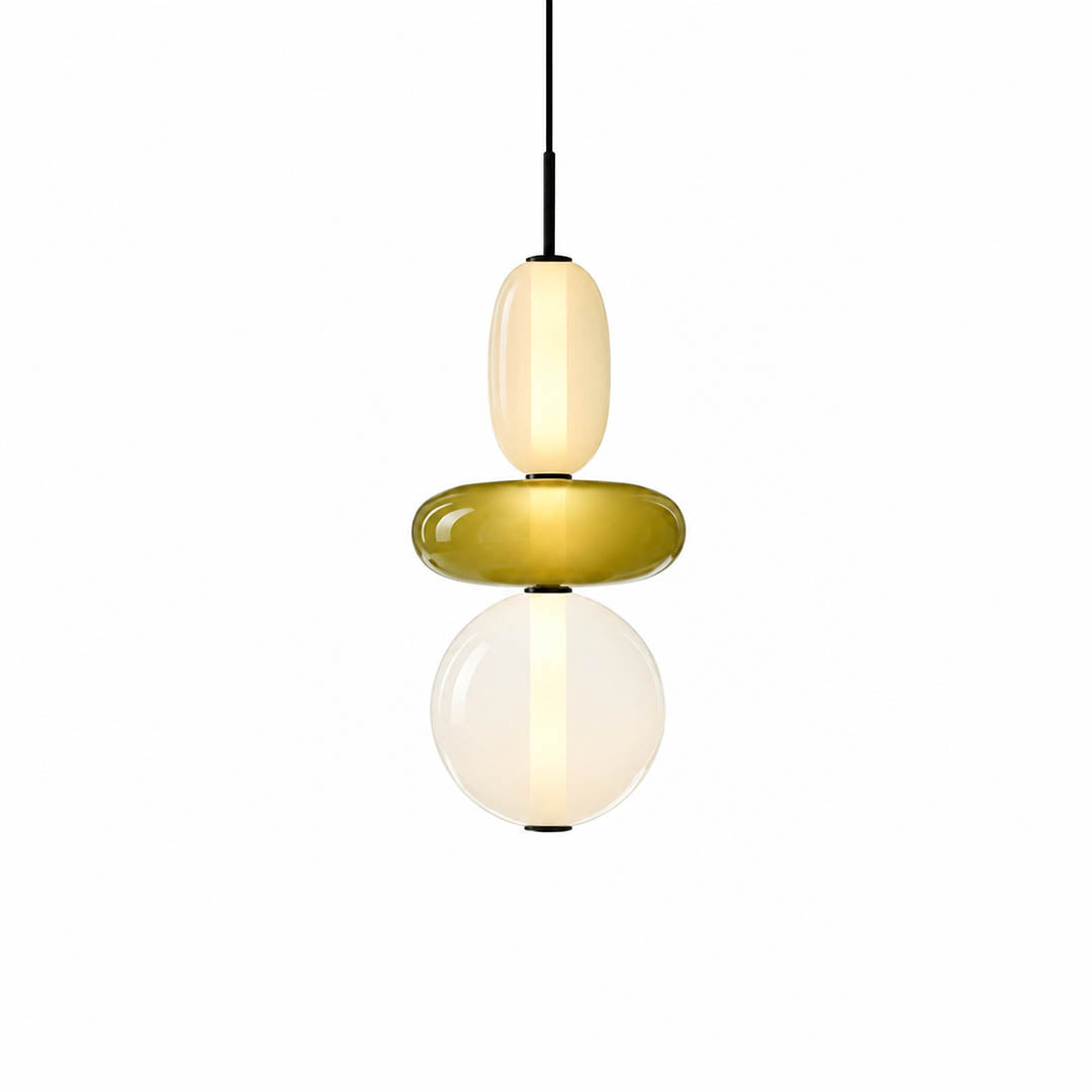 Gemma stacked glass pendant light Model B cream green clear hand-blown art glass integrated LED 21 inch hanging modern white background front view