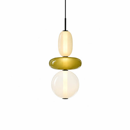 Gemma stacked glass pendant light Model B cream green clear hand-blown art glass integrated LED 21 inch hanging modern white background front view