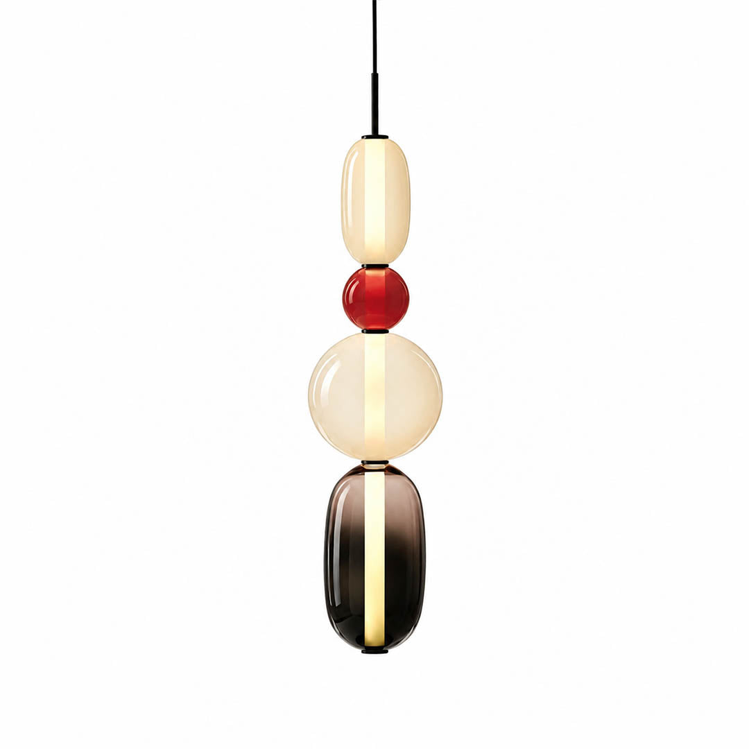 Gemma stacked glass pendant light Model B cream red clear hand-blown art glass integrated LED 21 inch hanging modern white background front view