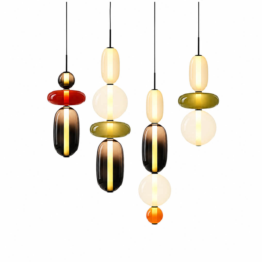 Gemma stacked glass pendant light eight models A to H colorful red green smoked cream hand-blown art glass collection comparison reference chart