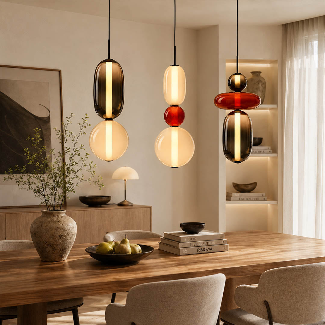 Gemma stacked glass pendant light red cluster over kitchen island hand-blown colored art glass warm glow statement American home lifestyle interior