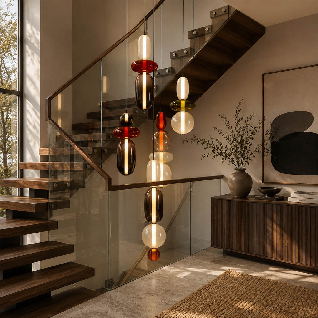 Gemma stacked glass pendant light colorful cluster staircase stairwell different heights hand-blown art glass vibrant statement American home lifestyle interior