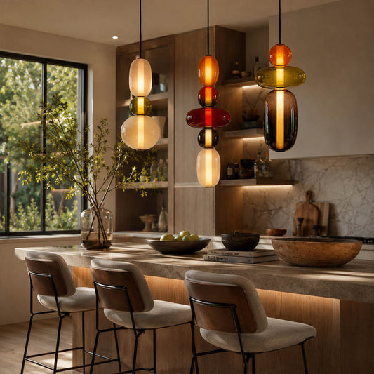 Gemma stacked glass pendant light red cluster over kitchen island hand-blown colored art glass warm glow statement American home lifestyle interior