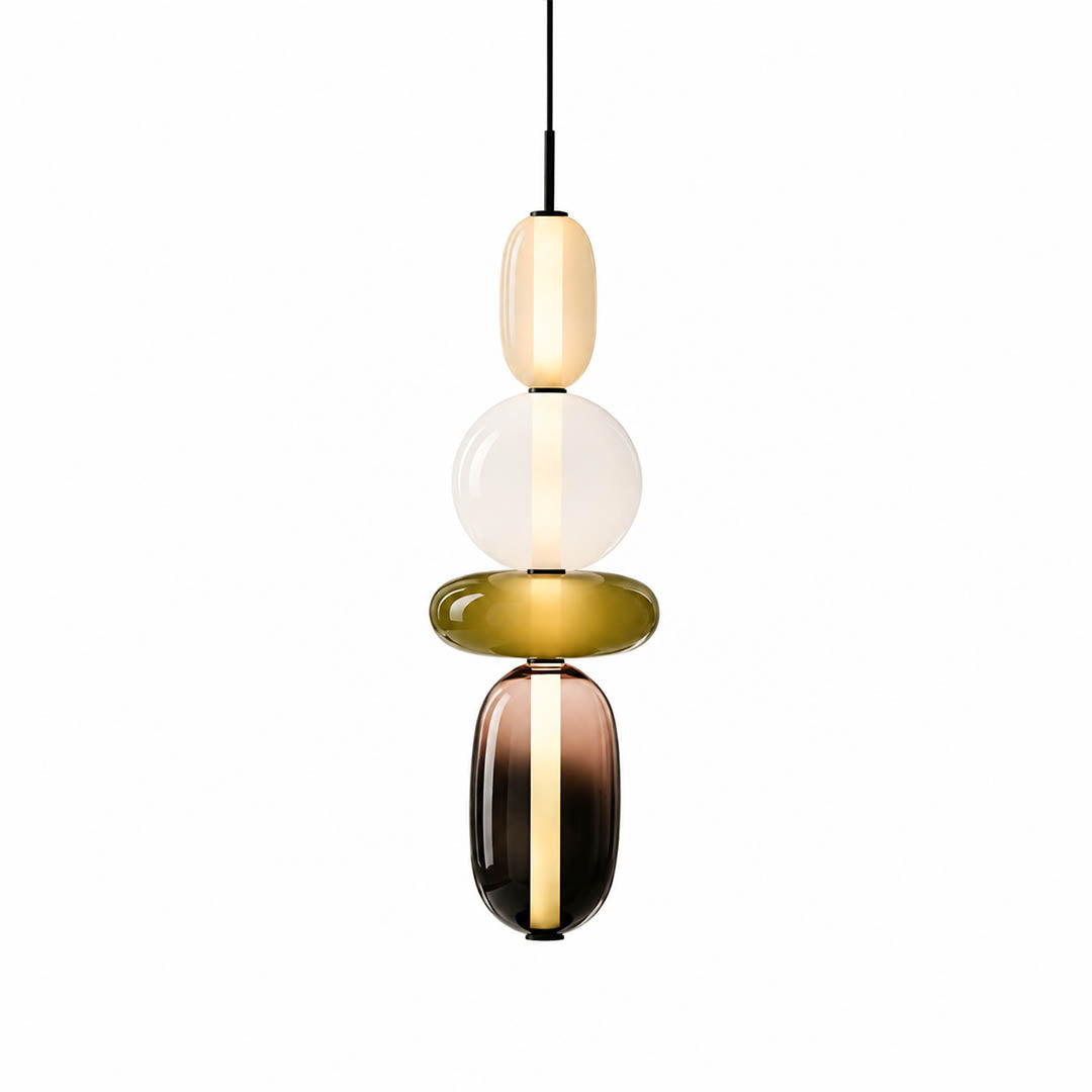 Gemma stacked glass pendant light Model B cream green clear hand-blown art glass integrated LED 21 inch hanging modern white background front view