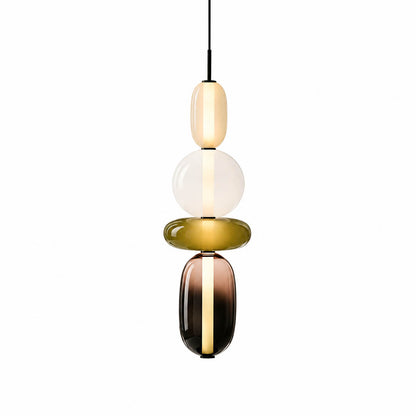 Gemma stacked glass pendant light Model B cream green clear hand-blown art glass integrated LED 21 inch hanging modern white background front view