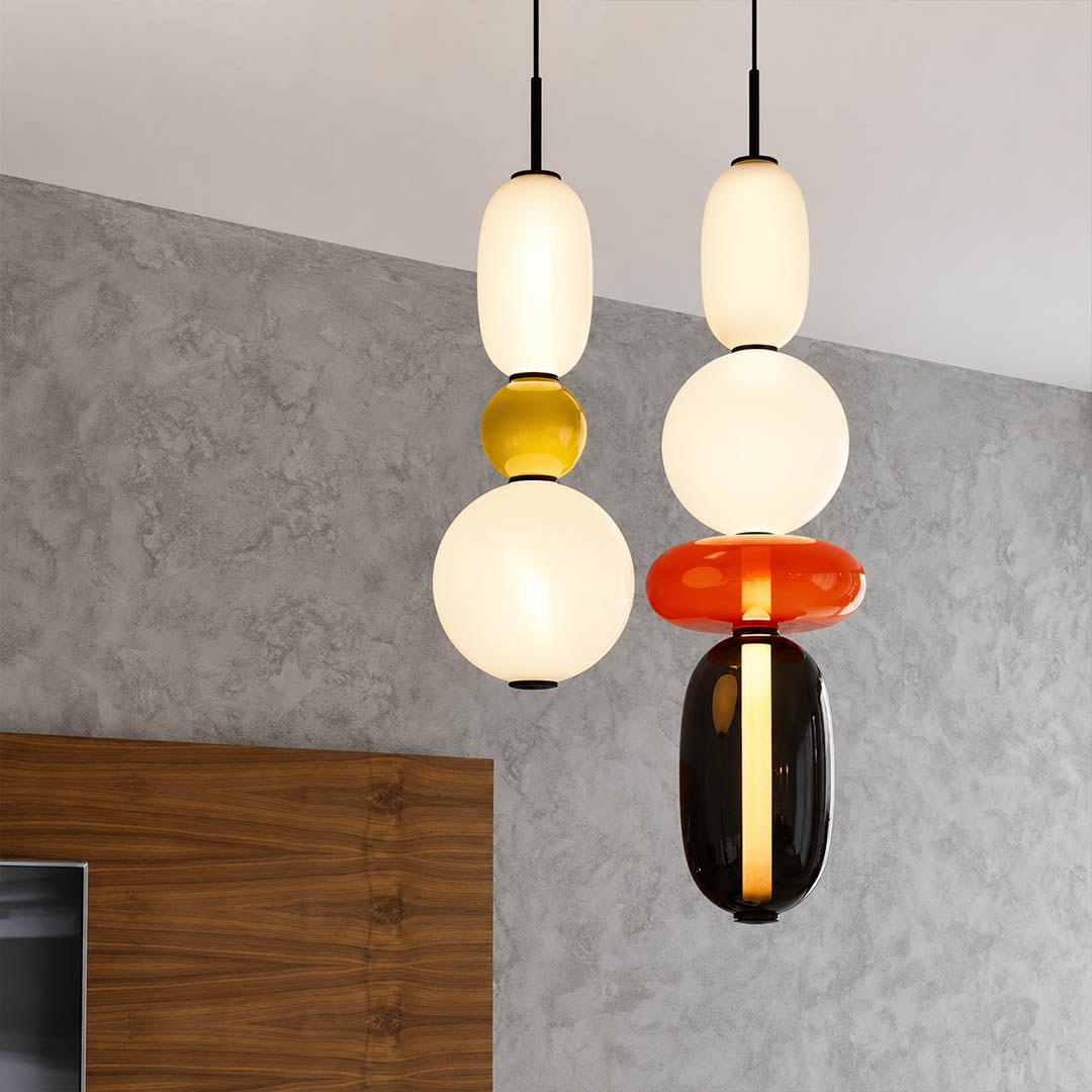 Gemma stacked glass pendant light red cluster over kitchen island hand-blown colored art glass warm glow statement American home lifestyle interior