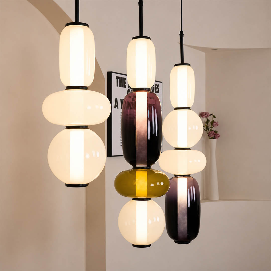 Gemma stacked glass pendant light red cluster over kitchen island hand-blown colored art glass warm glow statement American home lifestyle interior