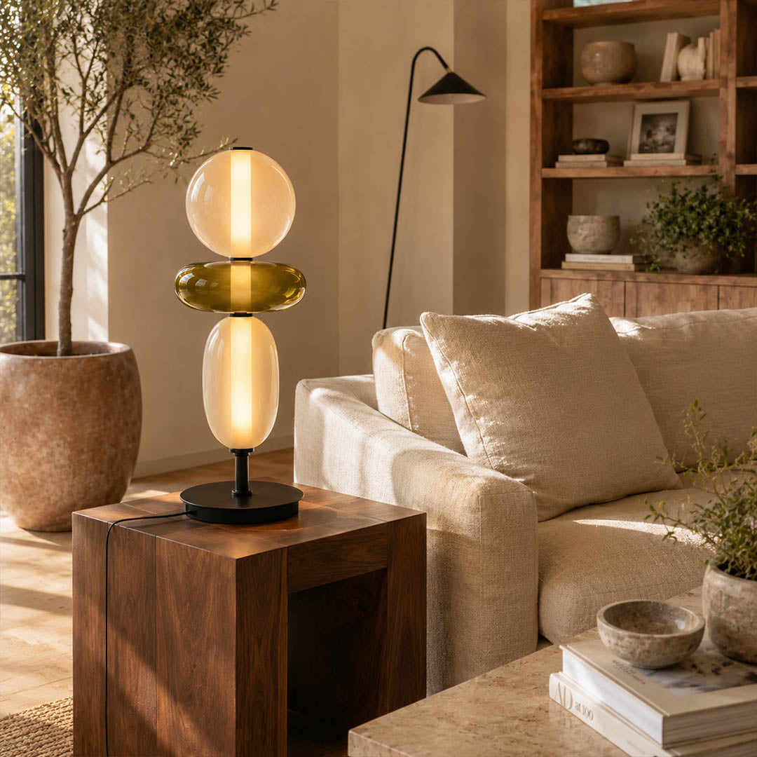 Gemma stacked glass table lamp Model C red white beside gray living room sofa artwork hand-blown art glass modern American home lifestyle interior