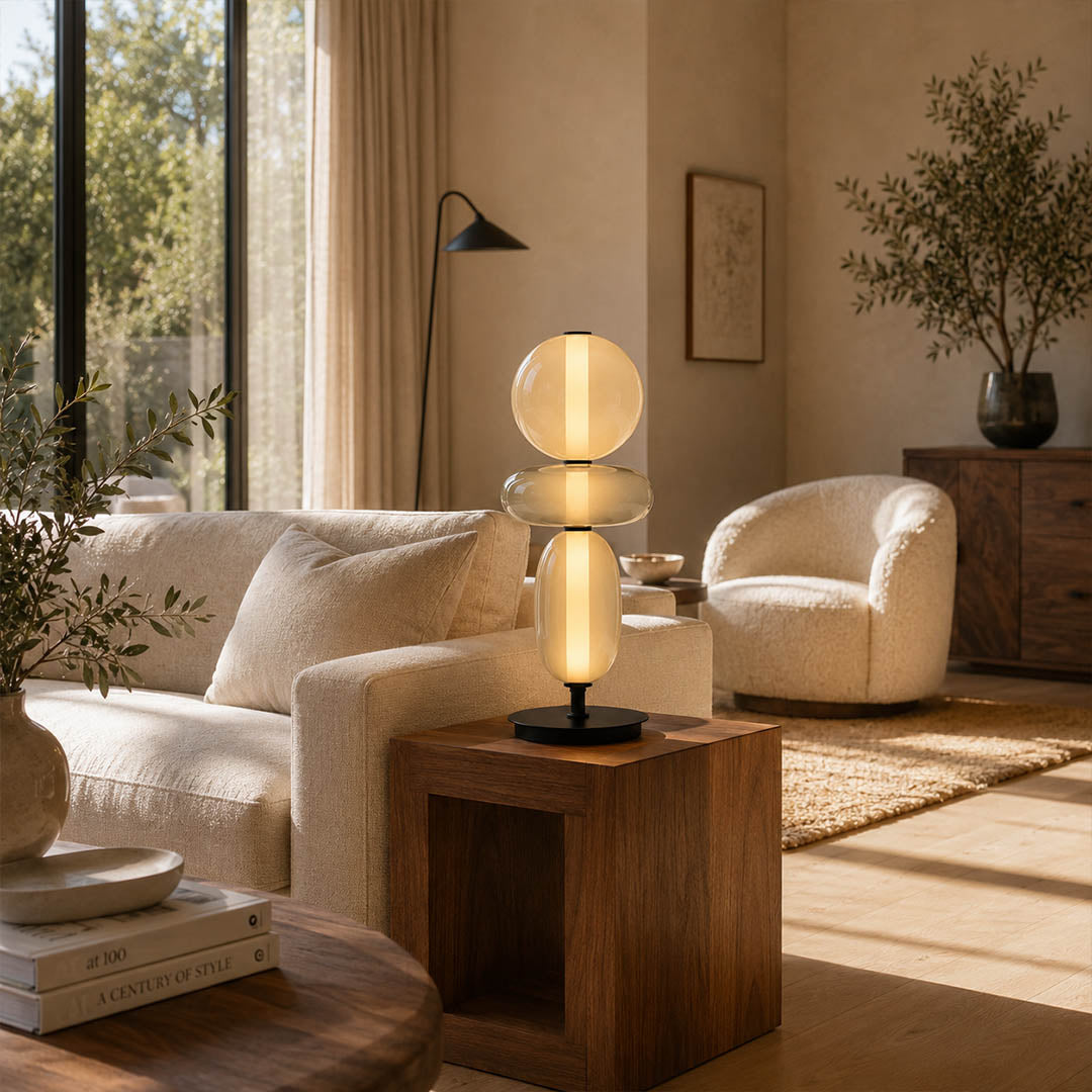 Gemma stacked glass table lamp Model C red white beside gray living room sofa artwork hand-blown art glass modern American home lifestyle interior