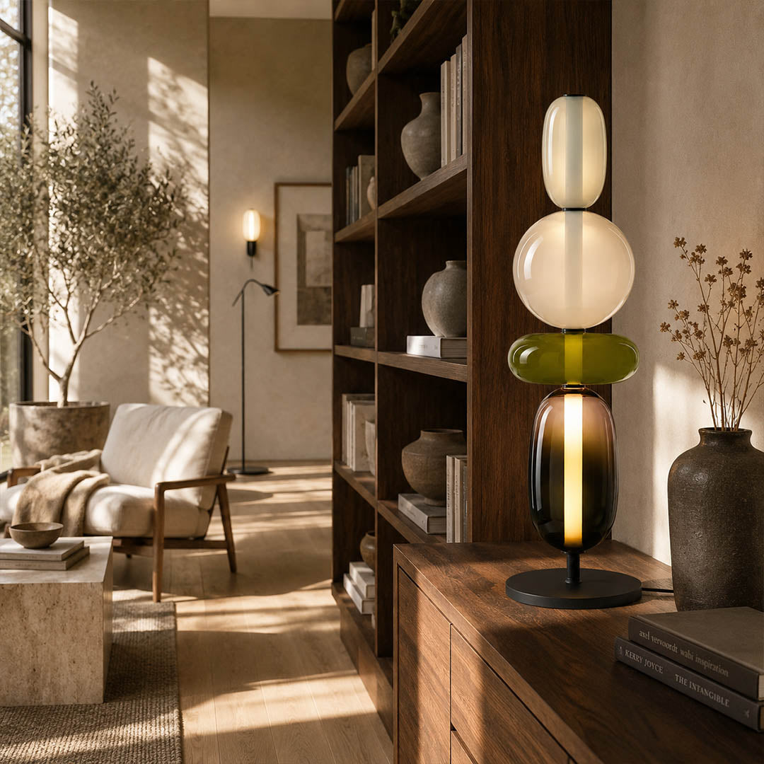 Gemma stacked glass table lamp Model A smoked living room side table accent hand-blown art glass modern warm glow American home lifestyle interior