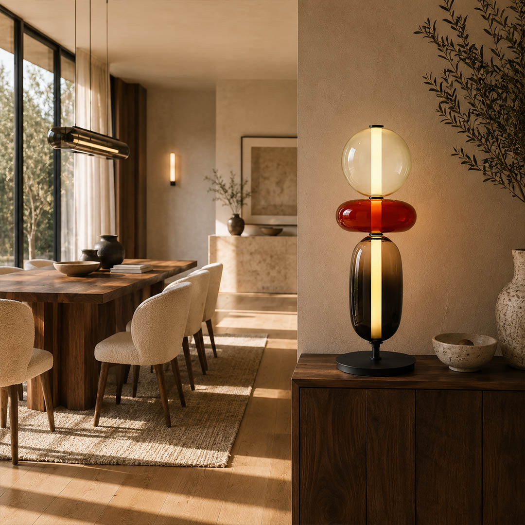 Gemma stacked glass table lamp Model E tall entryway console table stacked hand-blown art glass statement warm glow American home lifestyle interior