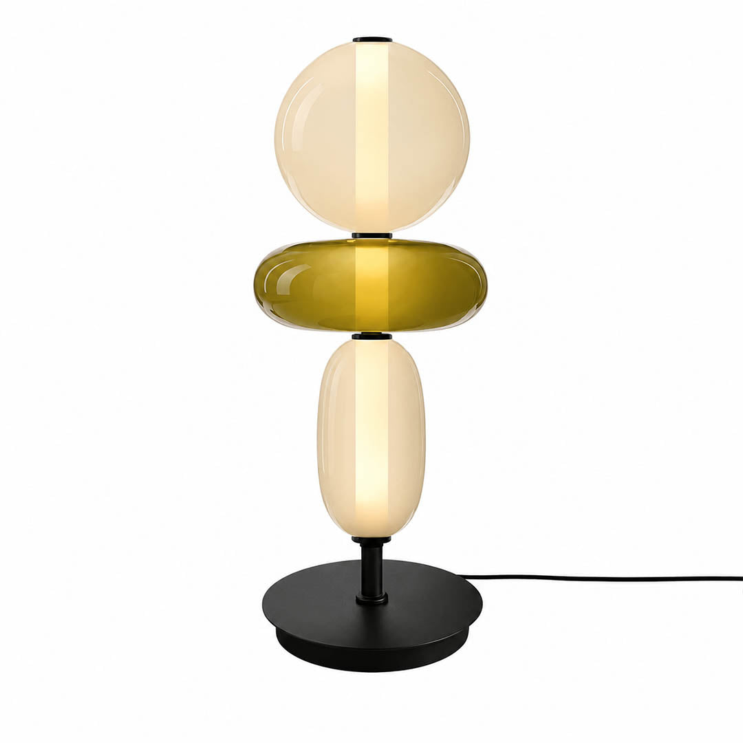 Gemma stacked glass table lamp Model B green olive disc champagne globe stacked hand-blown art glass integrated LED modern white background front view
