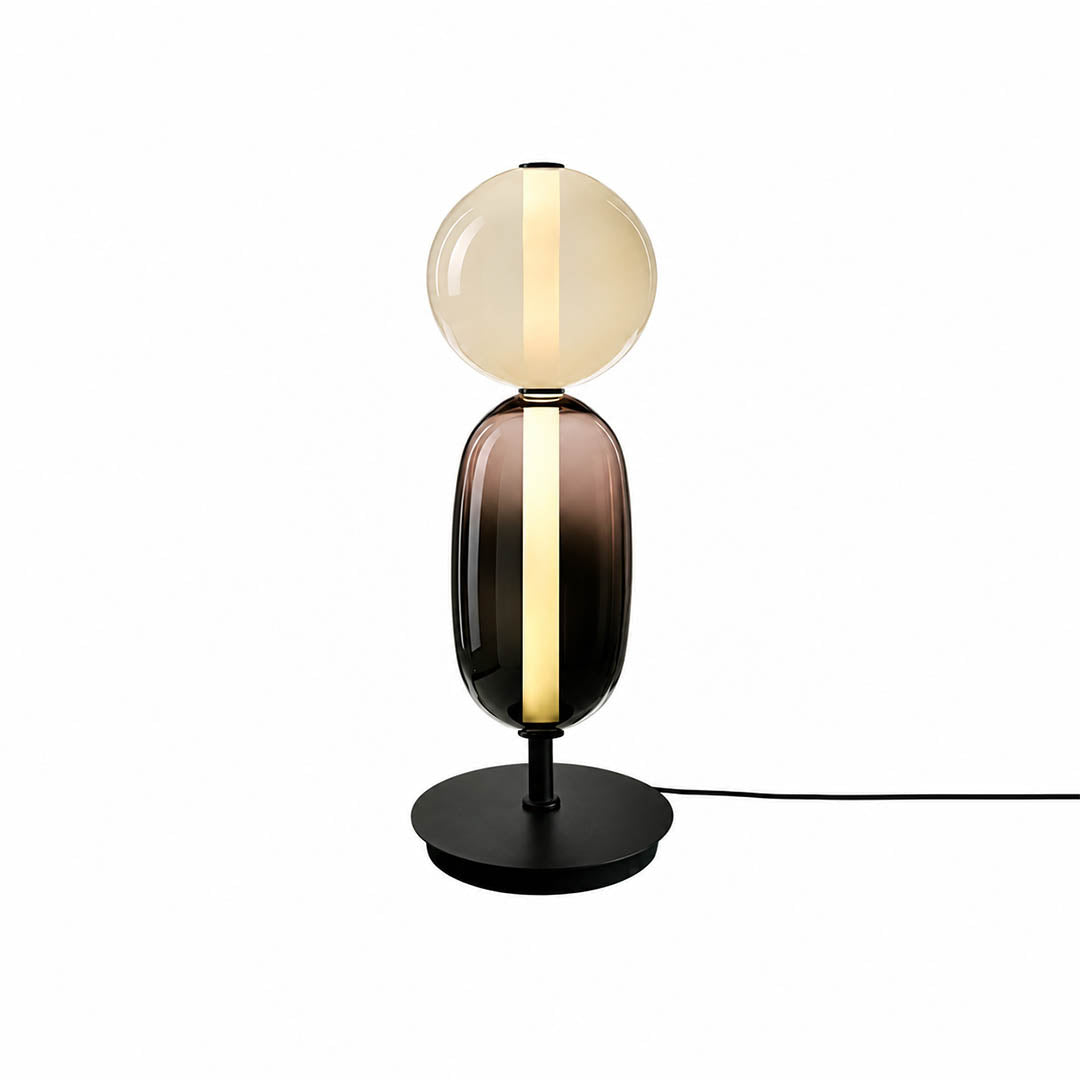 Gemma stacked glass table lamp Model A smoked clear hand-blown art glass sculptural accent integrated LED 17 inch modern white background front view