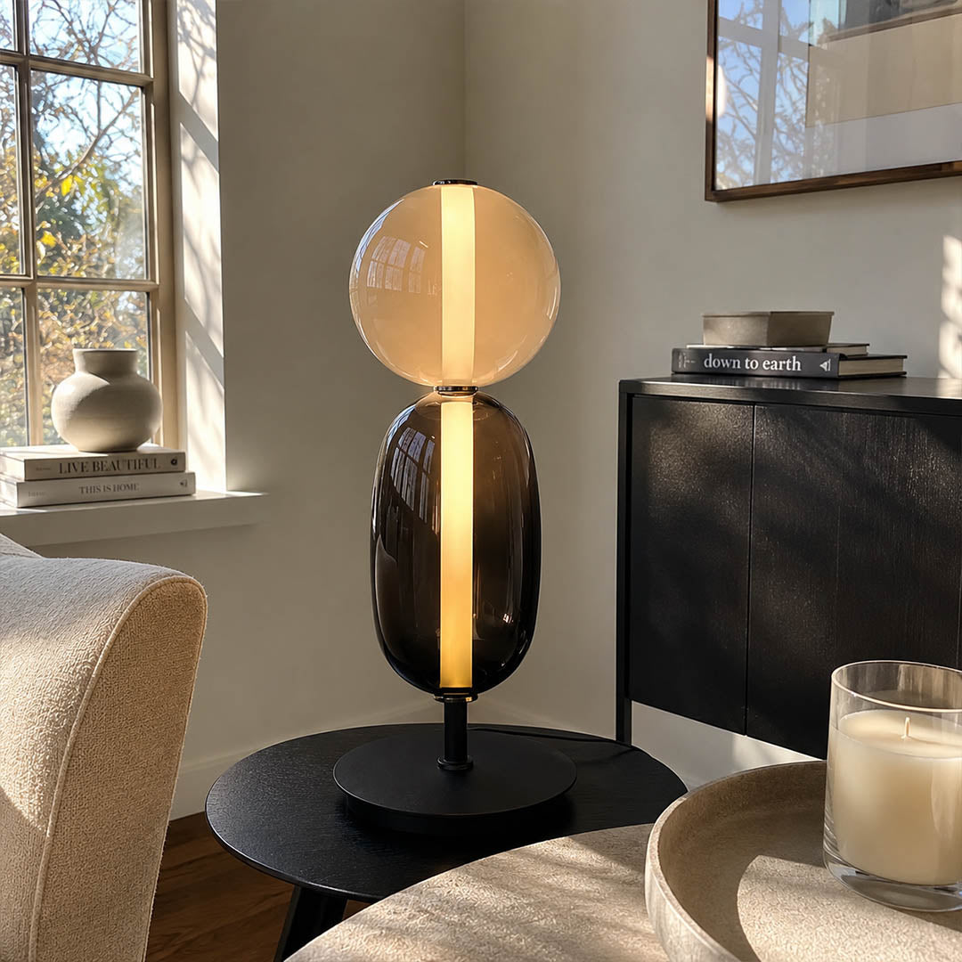 Gemma stacked glass table lamp Model A smoked living room side table accent hand-blown art glass modern warm glow American home lifestyle interior