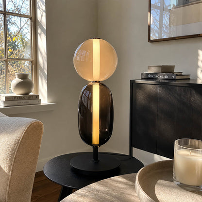 Gemma stacked glass table lamp Model A smoked living room side table accent hand-blown art glass modern warm glow American home lifestyle interior