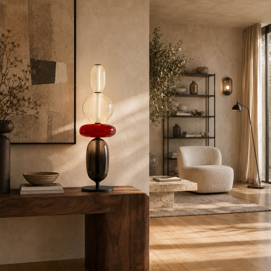 Gemma stacked glass table lamp Model E tall entryway console table stacked hand-blown art glass statement warm glow American home lifestyle interior