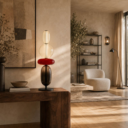 Gemma stacked glass table lamp Model E tall entryway console table stacked hand-blown art glass statement warm glow American home lifestyle interior