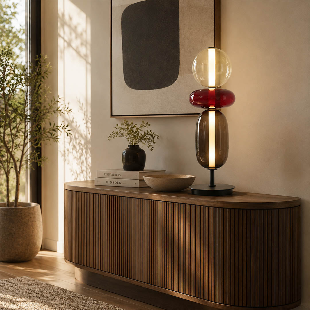 Gemma stacked glass table lamp Model A smoked living room side table accent hand-blown art glass modern warm glow American home lifestyle interior