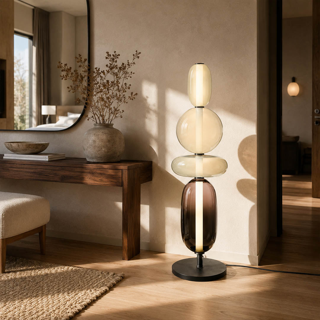 Gemma stacked glass table lamp Model E tall entryway console table stacked hand-blown art glass statement warm glow American home lifestyle interior
