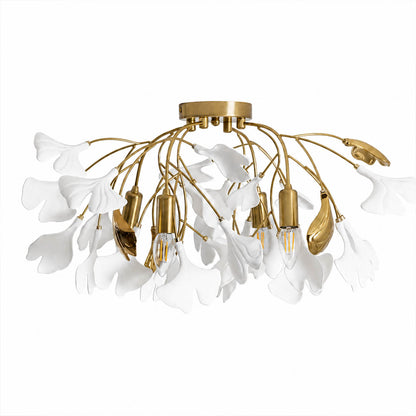 Astra ginkgo ceramic leaf ceiling lamp large 20.5 inch handcrafted porcelain ginkgo leaves gold branches 4 G9 sockets semi flush mount mid century art deco statement dining living room white background