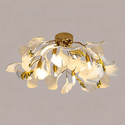 Astra ginkgo ceramic leaf ceiling lamp XL 24.4 inch handcrafted porcelain ginkgo leaves gold branches 6 G9 sockets semi flush mount mid century art deco oversized statement commercial white background