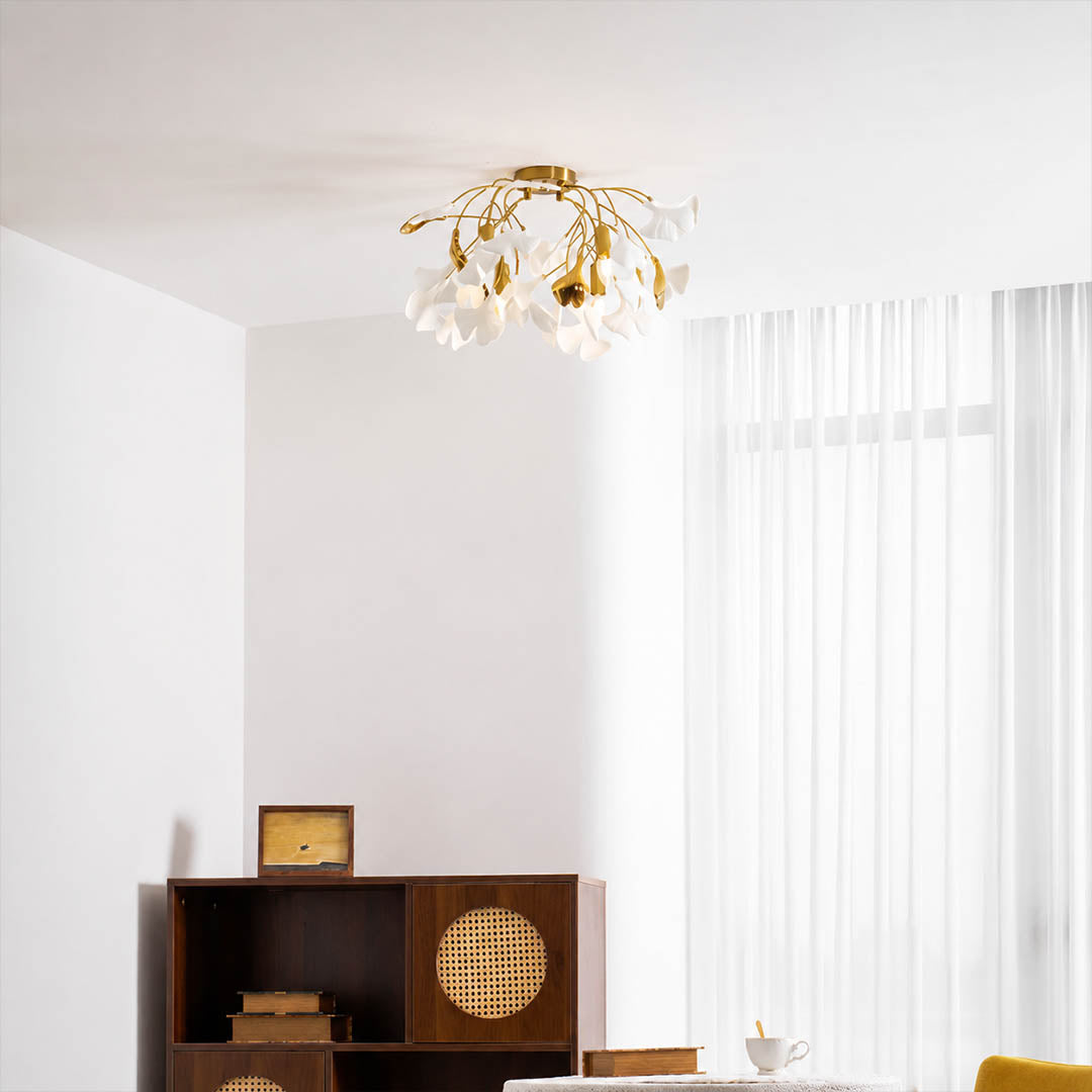 Astra semi flush mount installation ceiling canopy gold branches mount plate detail top view close up